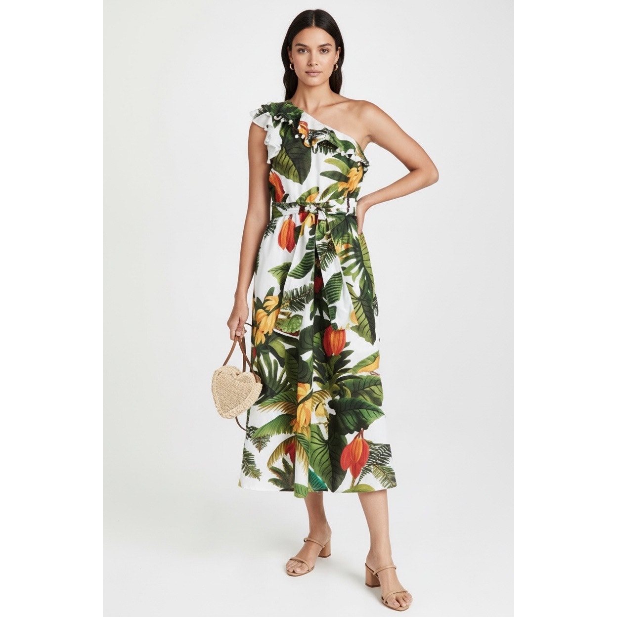 Farm Rio White Cocoa Forest One Shoulder Ruffle Midi Dress Women’s Size S Nwt
